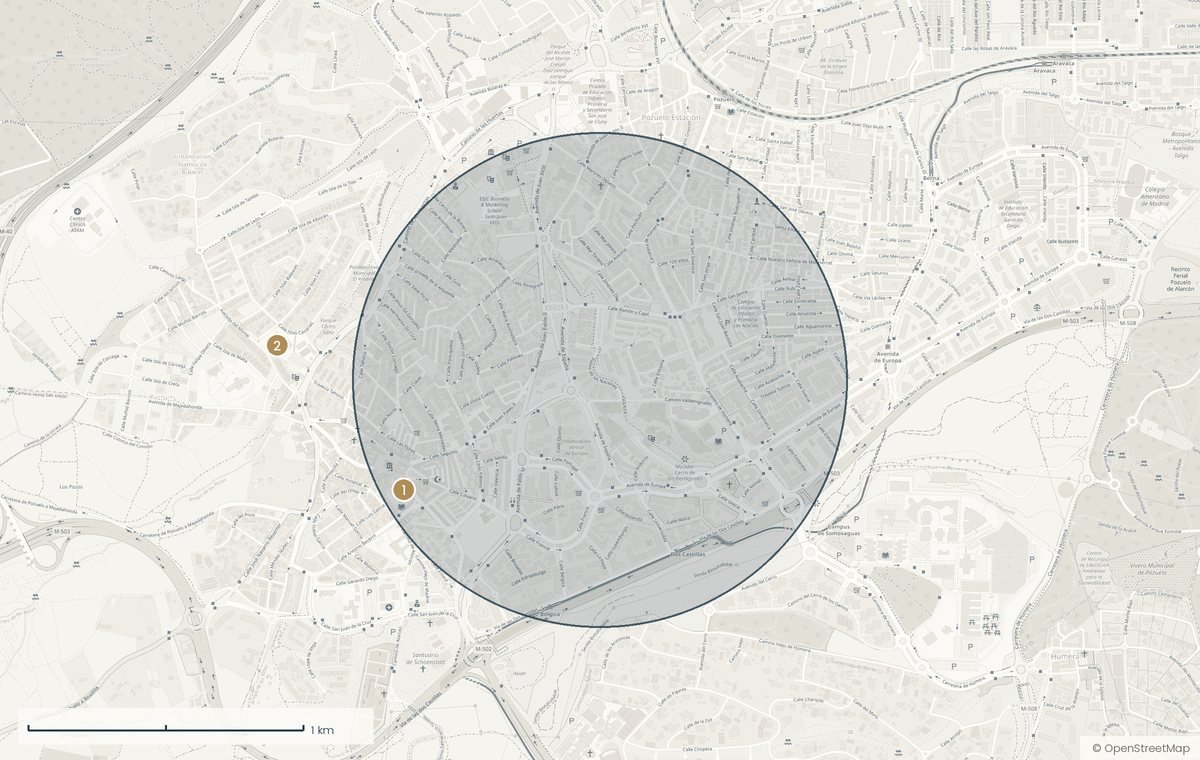Mapa de la zona de El adosado en el que me gustaría vivir con los puntos cercanos numerados