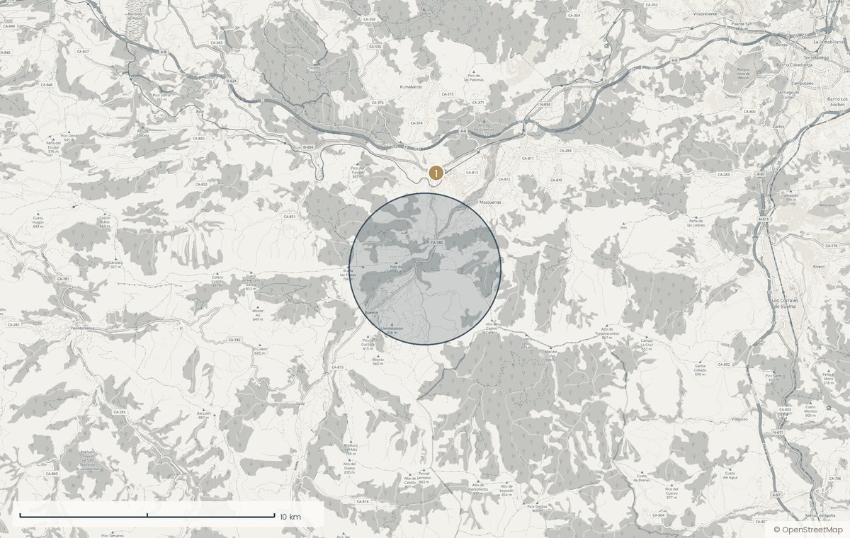 Mapa de la zona de La casa montañesa de Ruente con los puntos cercanos numerados