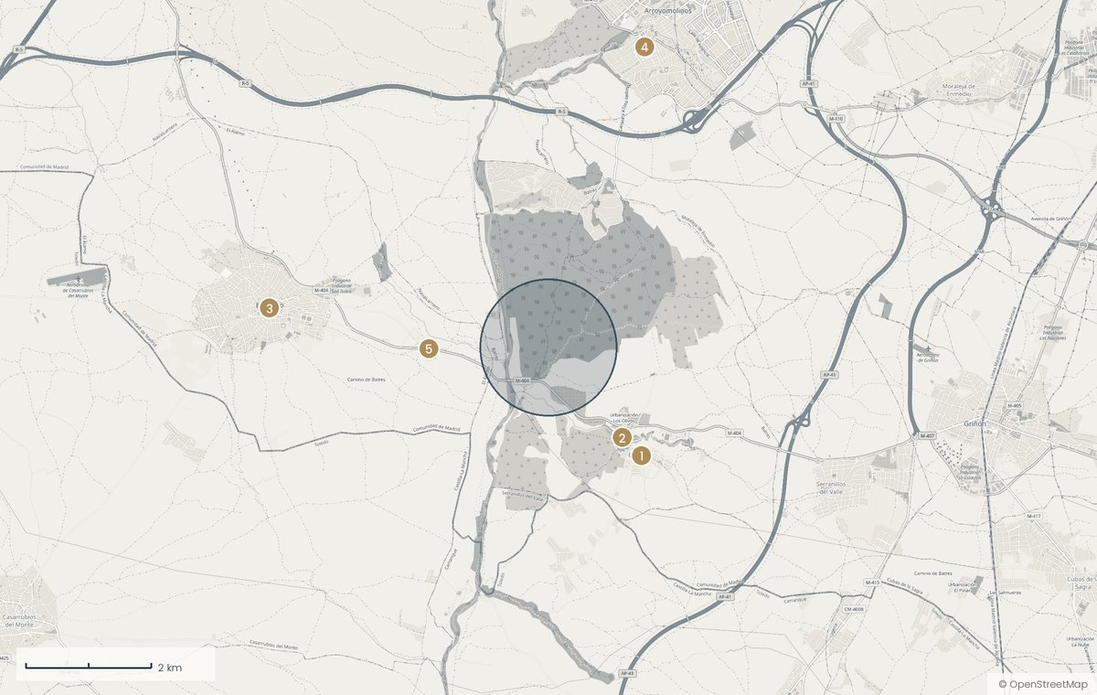 Mapa de la zona de La atalaya de Batres con los puntos cercanos numerados